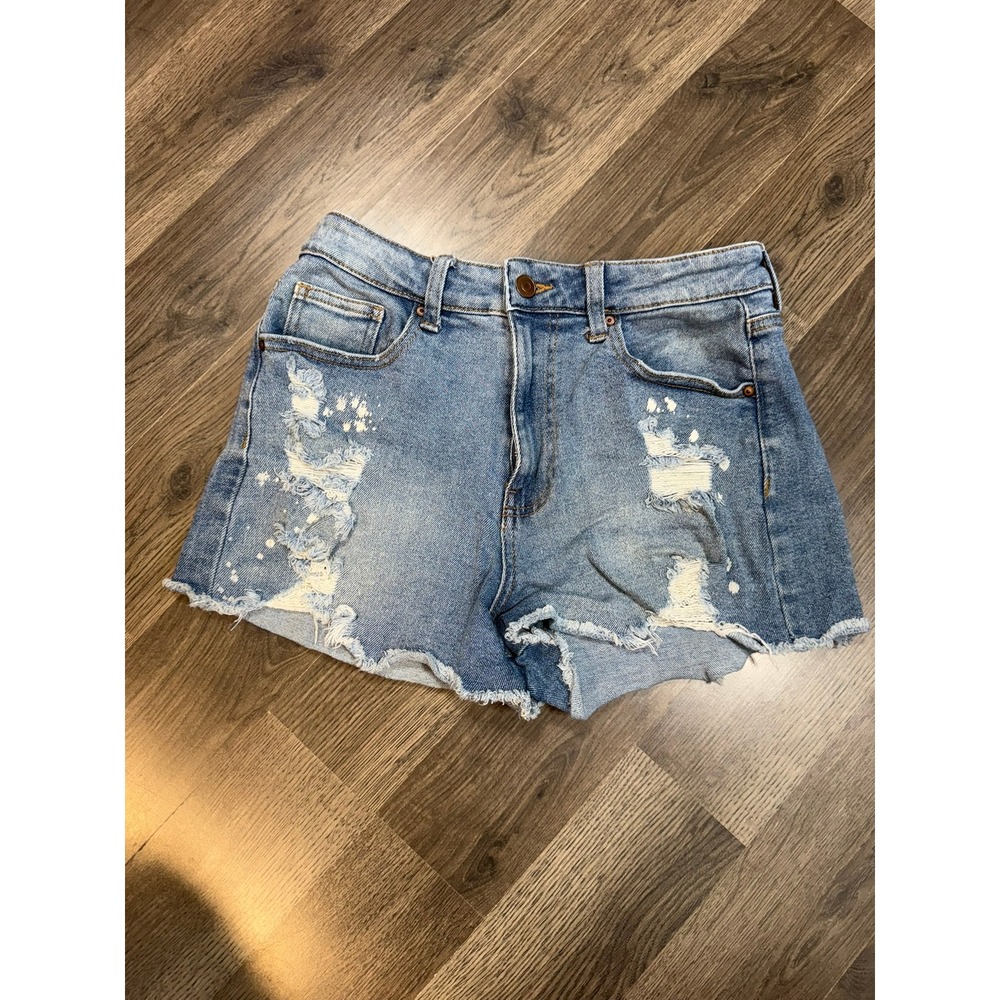 No Boundaries Distressed Denim Shorts Light Wash Paint Splatter Size 7